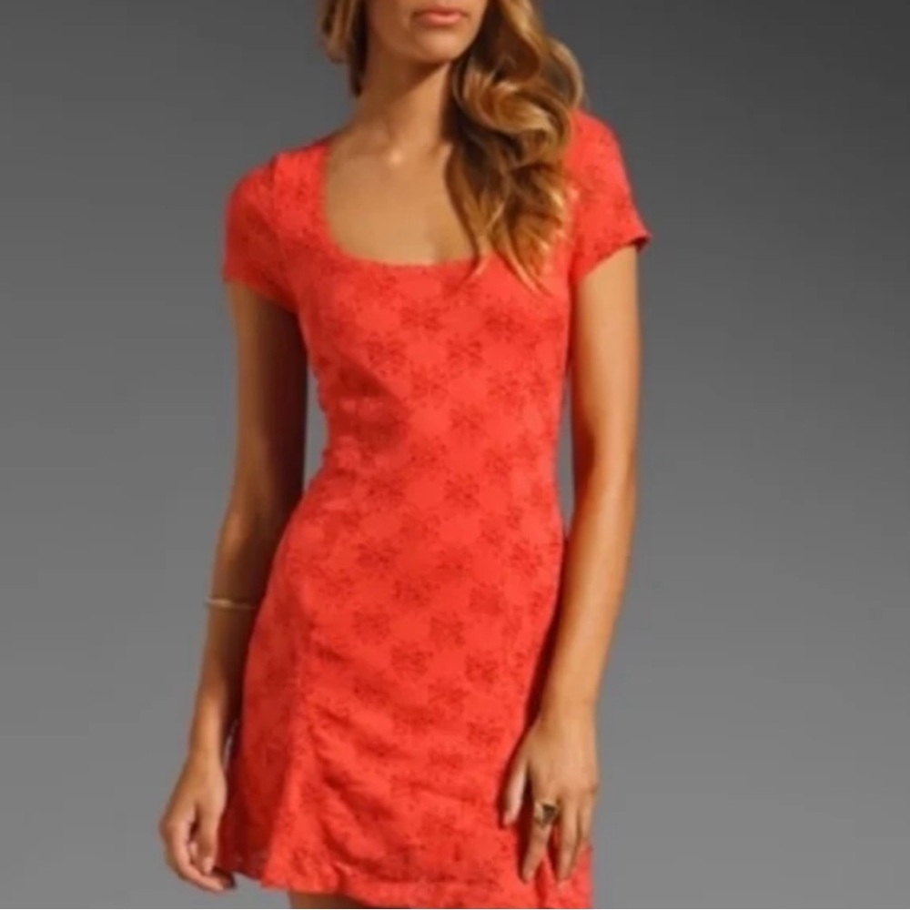 Free People Daisy Lace Godet‎ Fit & Flare Mini Dress Orange Persimmon Size Large